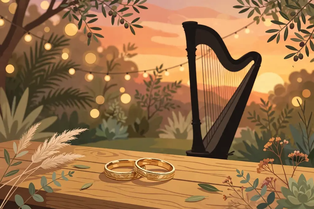 Illustrated pair of vintage gold wedding rings on a table, symbolizing the 1970s marriage of Solica Casuto and Andy Griffith