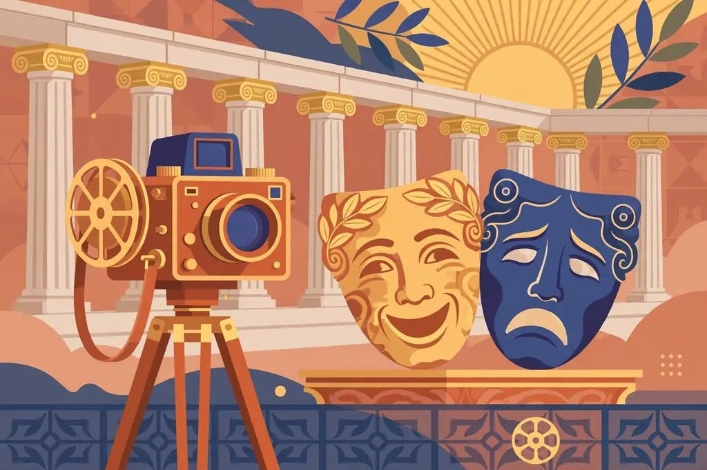 Stylized illustration of vintage Greek cinema, evoking the Greek acting career of Solica Casuto