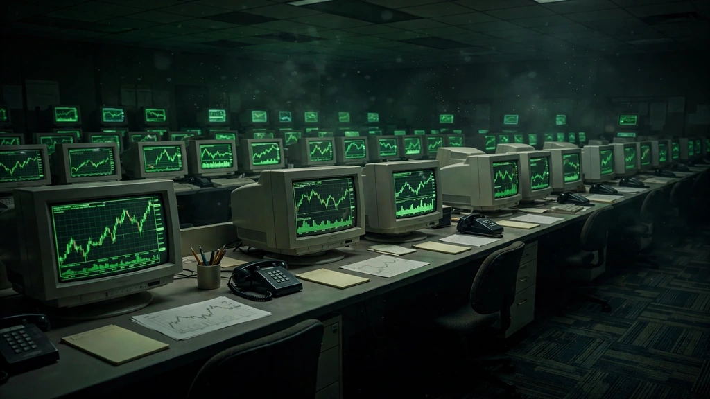 Vintage currency trading floor with glowing monitors