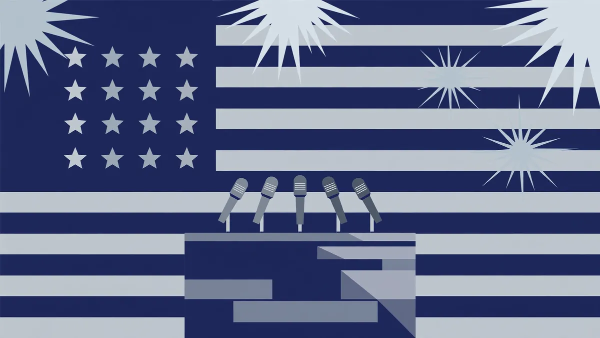 Stylized vector illustration of a press briefing room podium with microphones representing Katie Miller's communications career