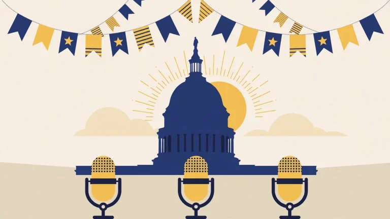 Stylized vector illustration of the Washington DC capitol dome with press microphones representing Katie Miller's biography