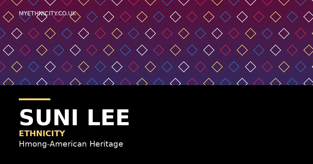 Featured image for Suni Lee ethnicity article: stylized Hmong textile-inspired artwork with gymnastics motifs