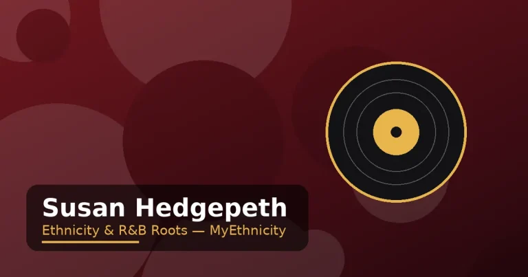 Stylized editorial graphic with vinyl record motif in deep red and gold for the Susan Hedgepeth ethnicity article featured image