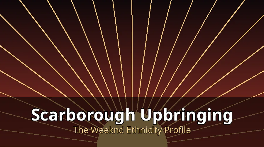 Editorial graphic representing The Weeknd's Scarborough Toronto upbringing with warm sunburst patterns