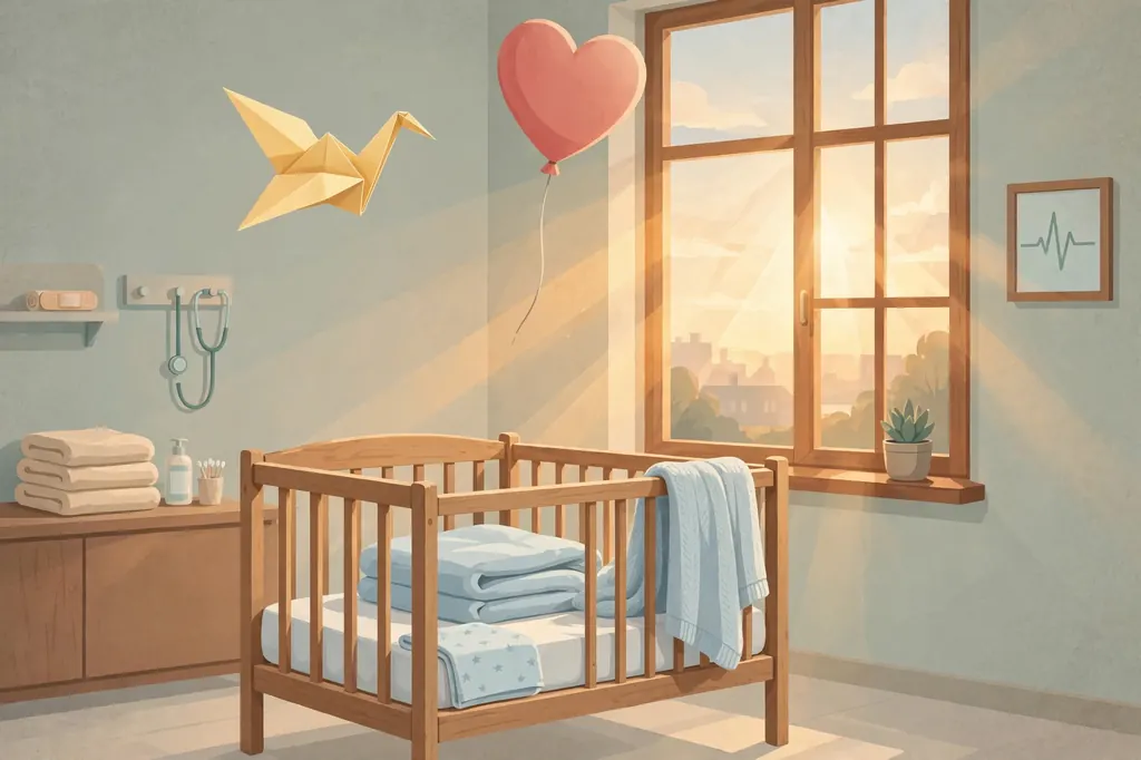 Softly lit editorial illustration of a hospital nursery crib at dawn, evoking Thomas Boone Quaid's survival of a newborn medical emergency