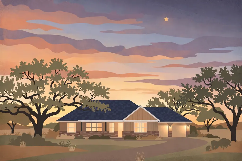 Editorial illustration of a suburban Texas home under a sunset sky, representing Thomas Boone Quaid's quiet family life