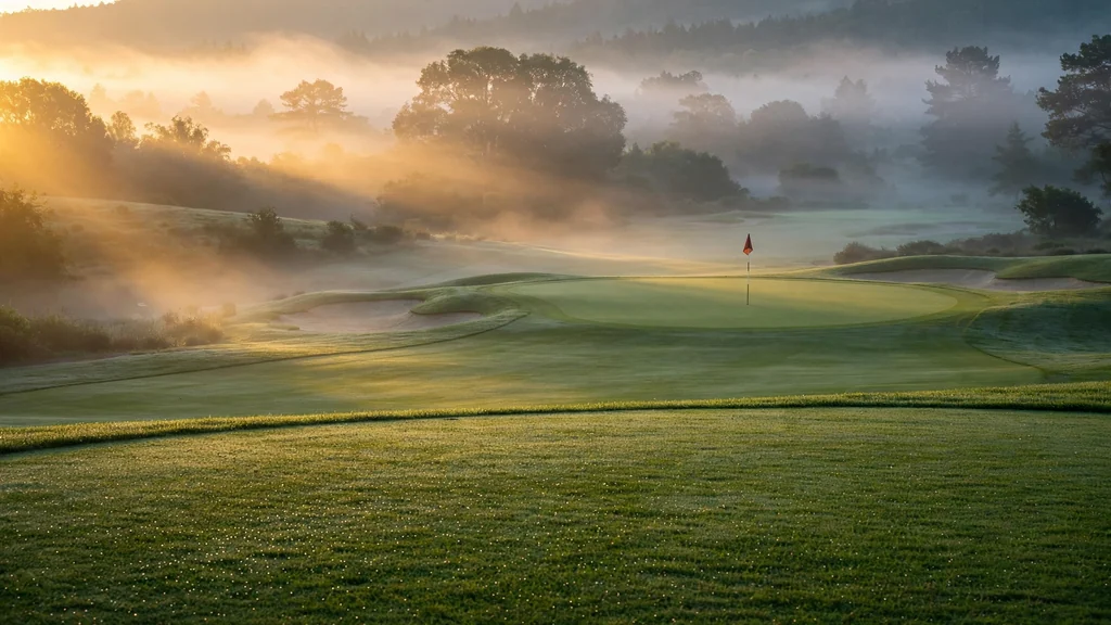 Championship golf course at dawn with morning mist