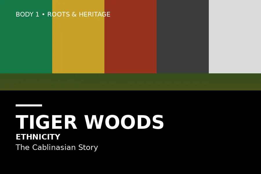 Stylized editorial graphic illustrating Tiger Woods' Cablinasian heritage with Thai, African, European and Native American motifs