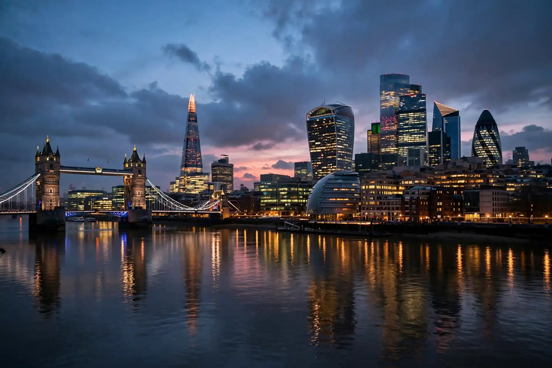 London skyline at dusk over the Thames