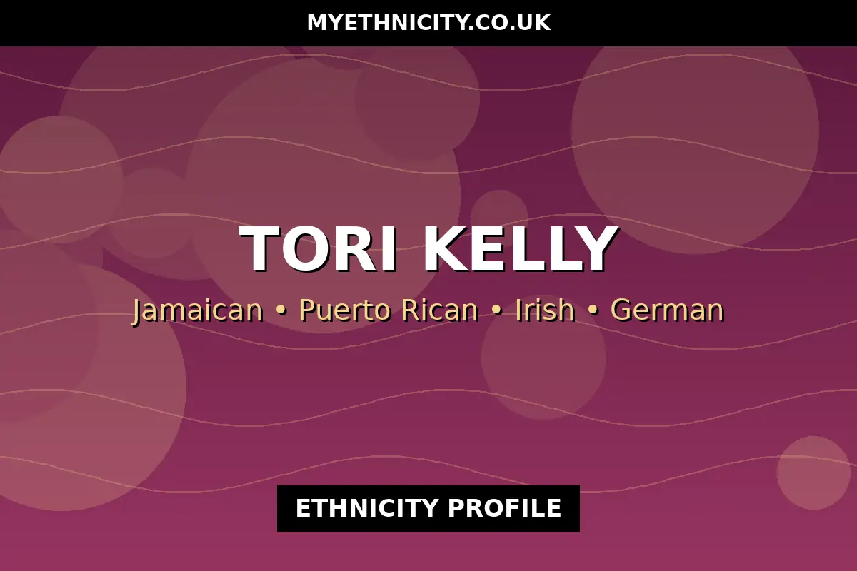 Stylized editorial graphic celebrating Tori Kelly's Jamaican, Puerto Rican, Irish and German heritage with musical motifs