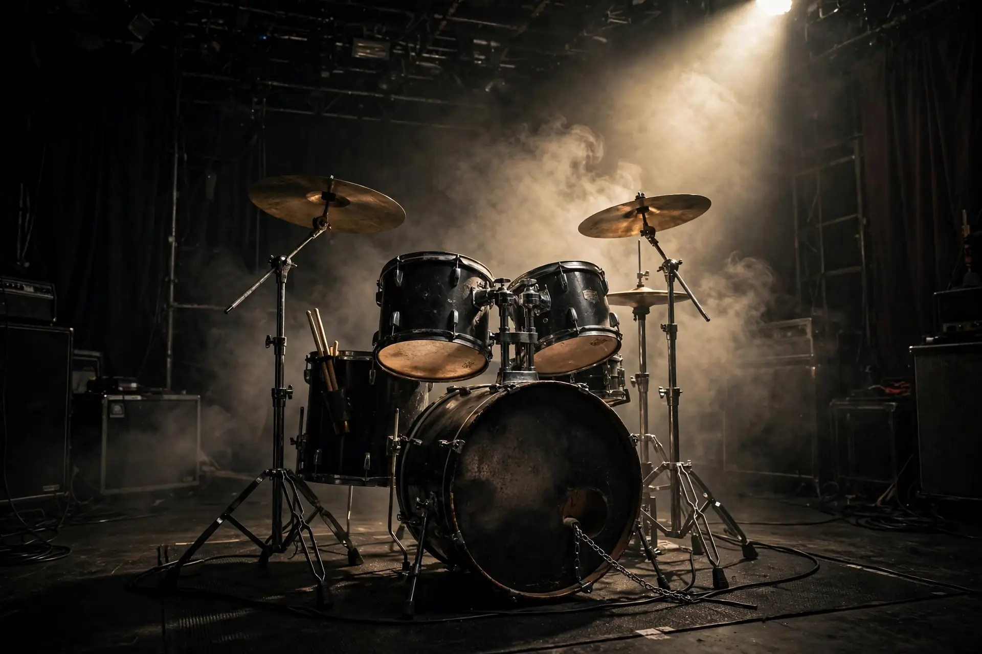 Drum kit on a dark concert stage