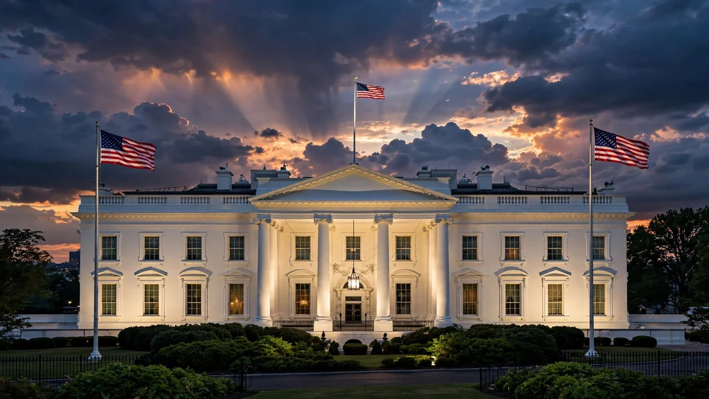 The White House at dusk with American flags