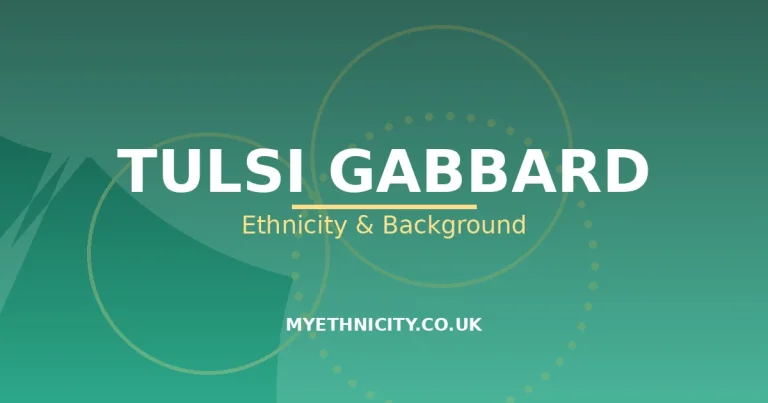Stylized editorial graphic on Tulsi Gabbard's ethnicity and family background