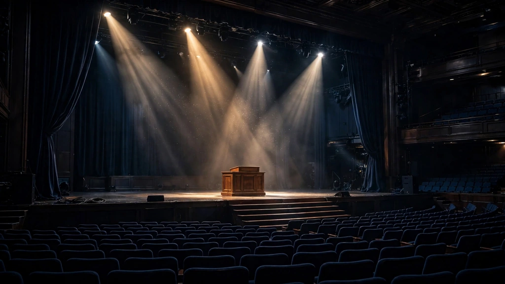 University auditorium stage with dramatic spotlights