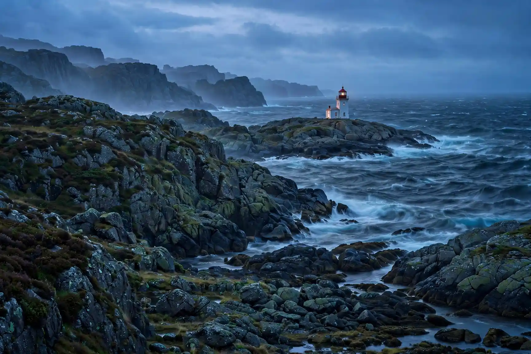 Scandinavian coastline with lighthouse at dusk