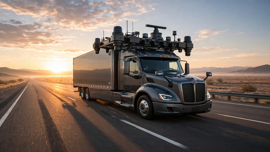 Self-driving semi truck on a highway at sunrise