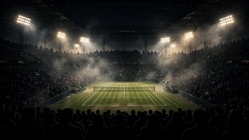 Packed tennis stadium at night under floodlights