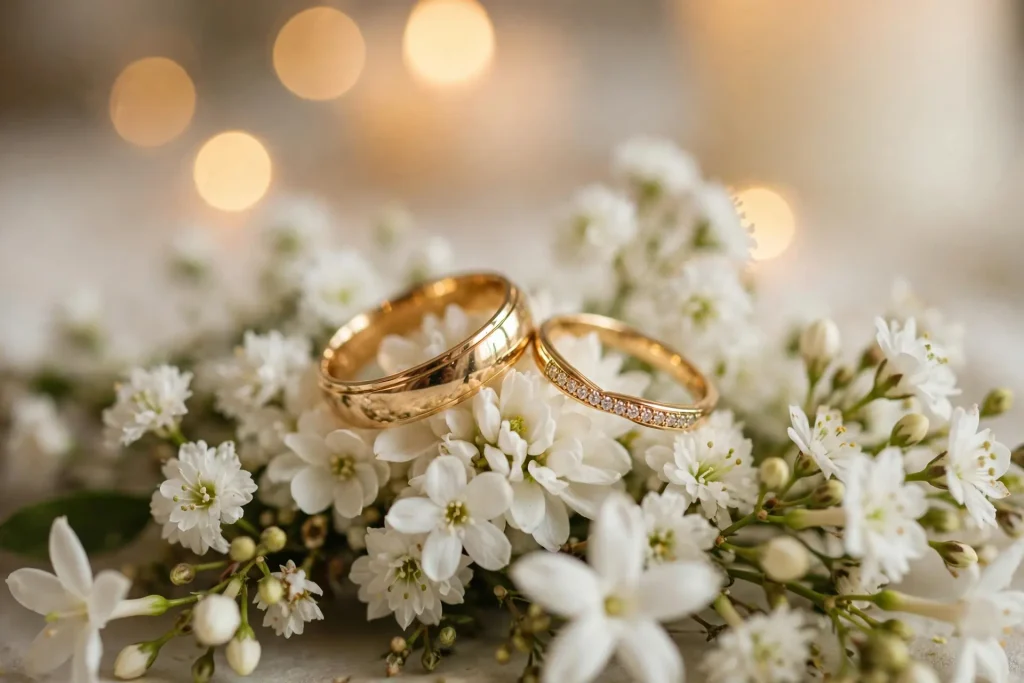 Wedding rings on white flowers