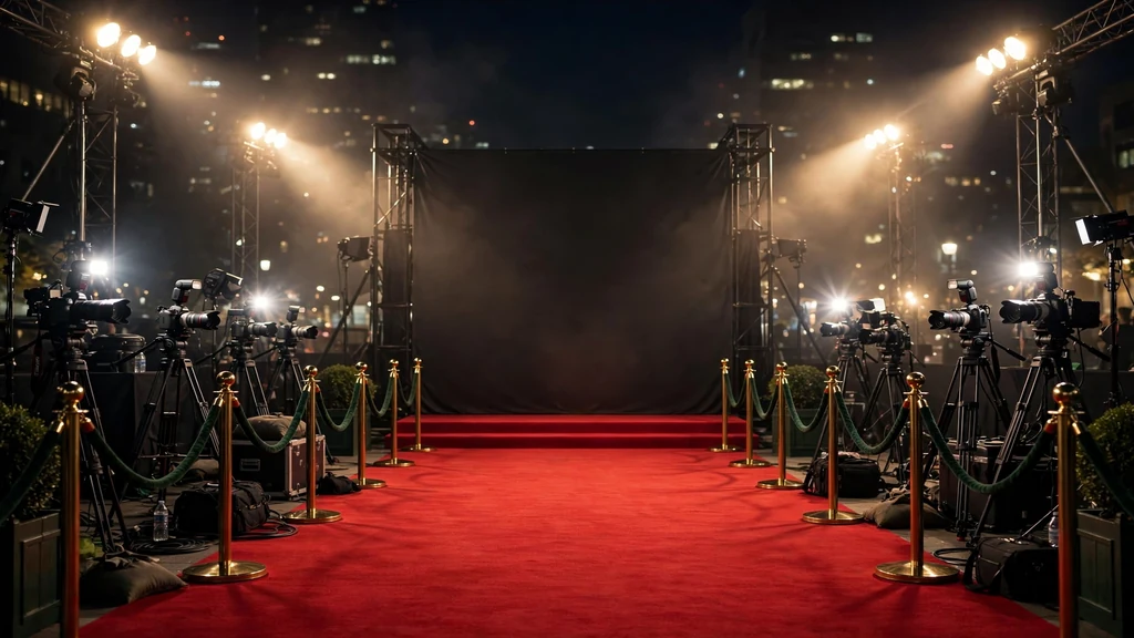 Music awards red carpet at night with flashing cameras
