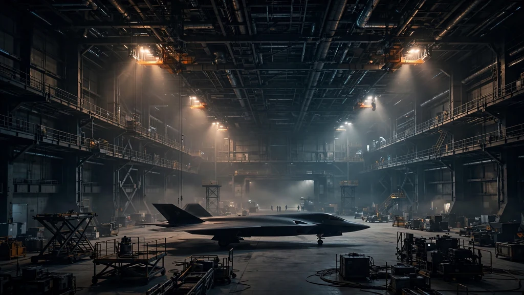 Stealth aircraft in a futuristic aerospace hangar