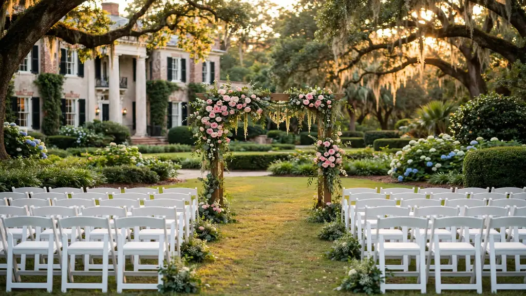 Elegant outdoor wedding ceremony at golden hour