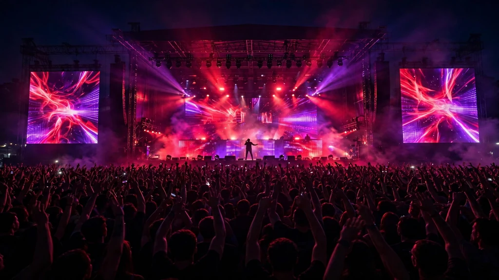 Pop concert stage with red lights and crowd