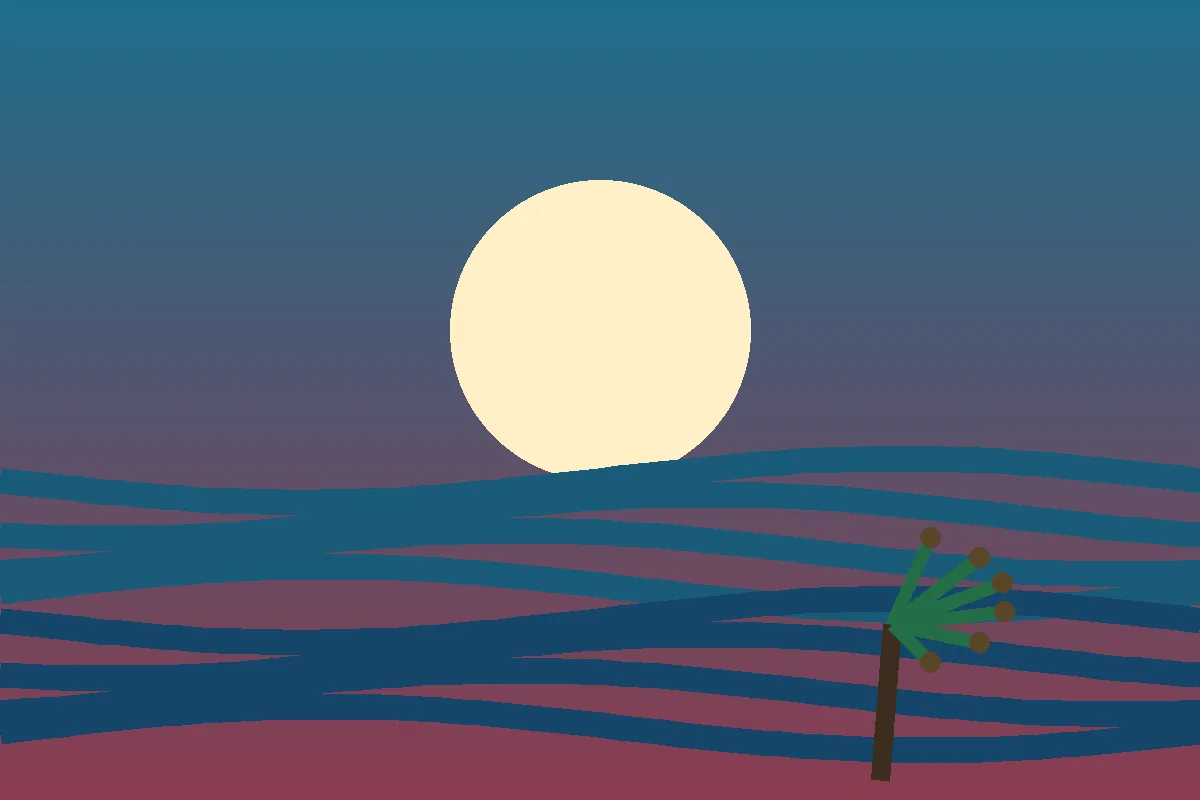Stylized editorial illustration of Hawaiian ocean waves, a setting sun and palm trees representing Jason Momoa's Pacific heritage