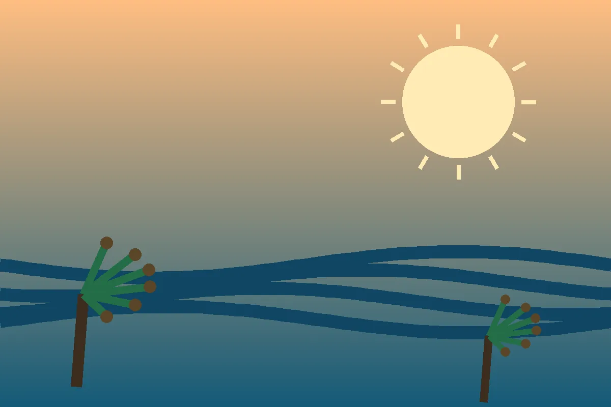 Stylized editorial illustration of Hawaiian ocean waves, a setting sun and palm trees representing Jason Momoa's Pacific heritage