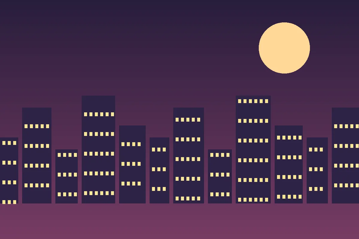 Abstract editorial graphic of a city skyline at dusk under a golden moon symbolizing Kim Kardashian's glamorous life