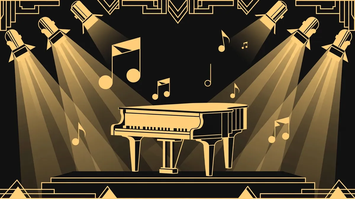 Stylized vector illustration of a grand piano with art deco spotlights representing Lady Gaga's musical career