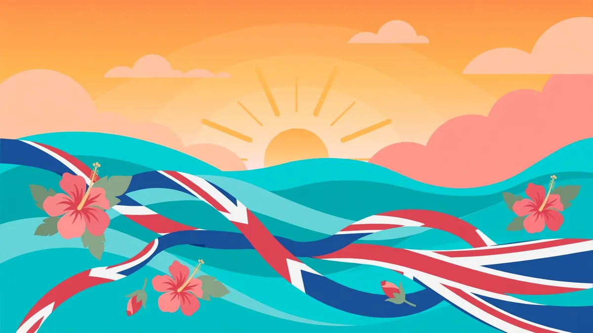 Stylized vector illustration of Caribbean waves merging with British motifs representing Olivia Dean's mixed heritage
