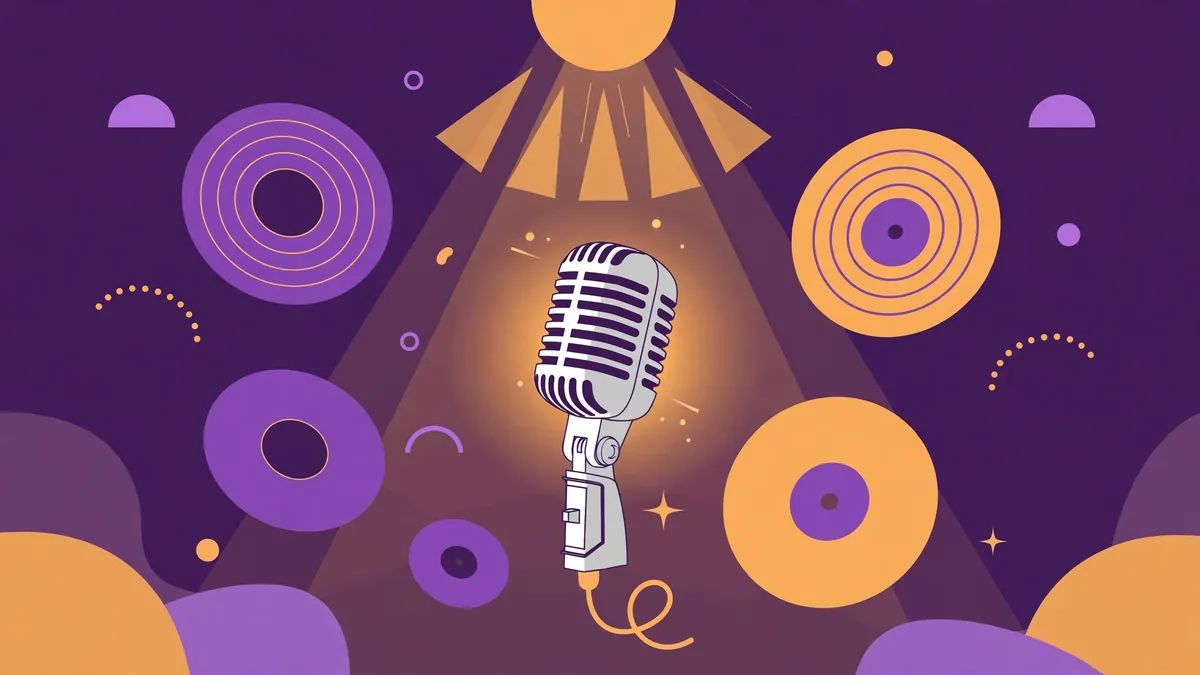 Stylized vector illustration of a vintage microphone under warm spotlight representing Olivia Dean's soul music career