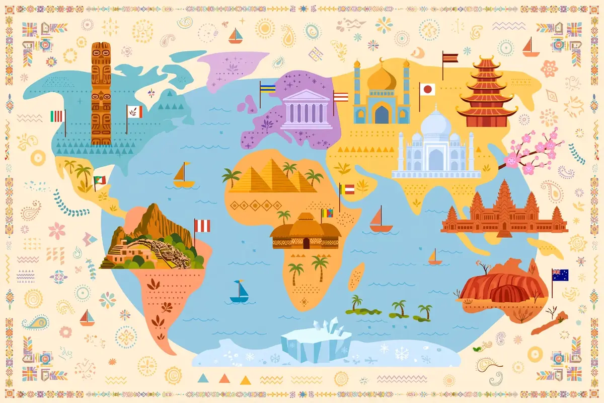 Colorful flat illustration of a world map dotted with cultural landmarks, flags, and traditional patterns