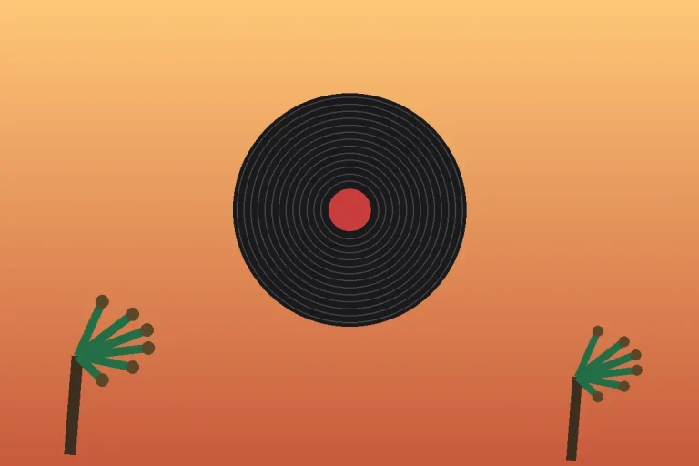 Stylized editorial illustration of a vinyl record with palm trees at sunset, representing Bruno Mars's Hawaiian roots and music career