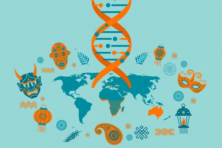 Stylized editorial illustration of DNA and heritage discovery with a globe and cultural symbols