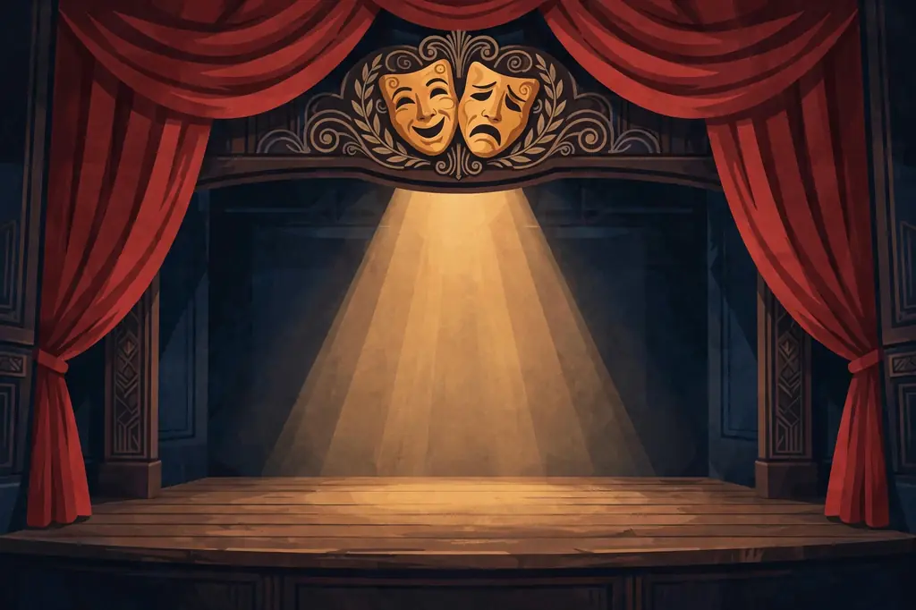 Stylized illustration of a classic American theatre stage with red velvet curtains and warm spotlight, evoking Laurie Metcalf's stage career