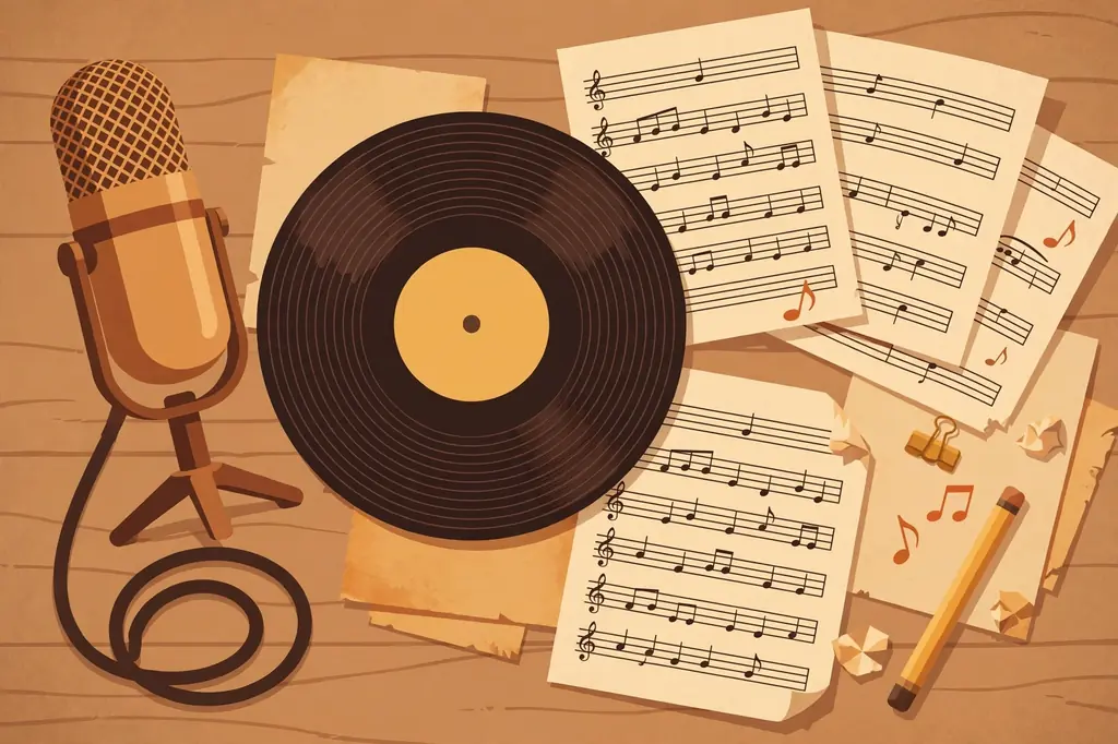 Stylized editorial illustration of a vintage microphone, vinyl record and sheet music representing the Chip Taylor song recorded by Willie Nelson