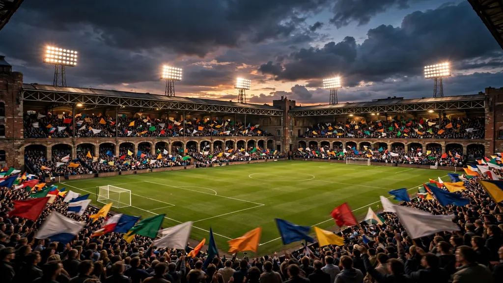 Football stadium on match day with floodlit pitch