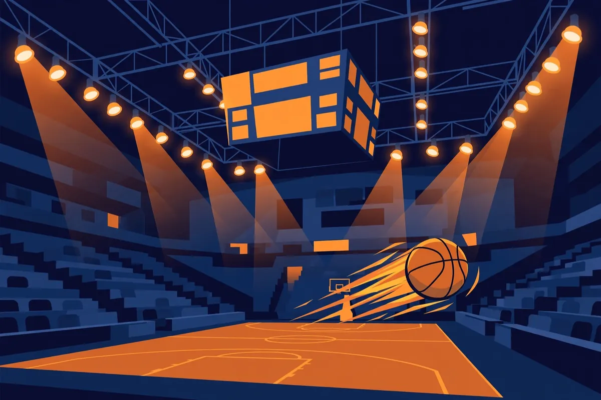 Flat editorial illustration of a basketball arena with spotlights, a scoreboard, and a basketball in motion