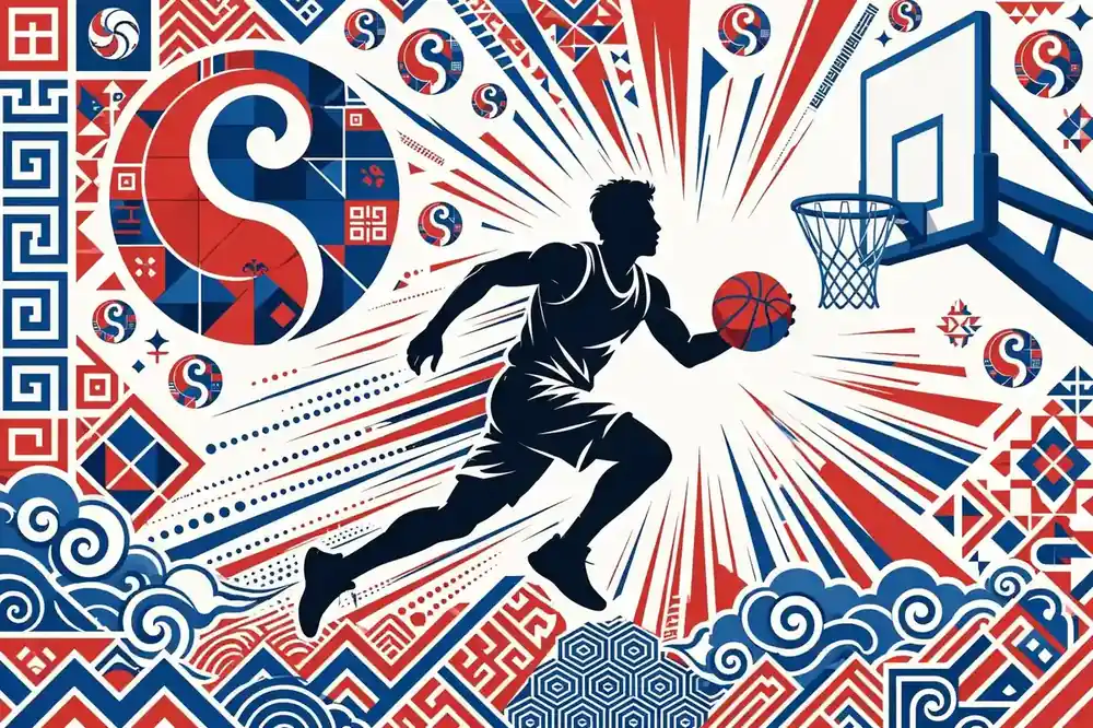 Stylized editorial illustration of Xaivian Lee's Korean heritage with basketball and geometric patterns
