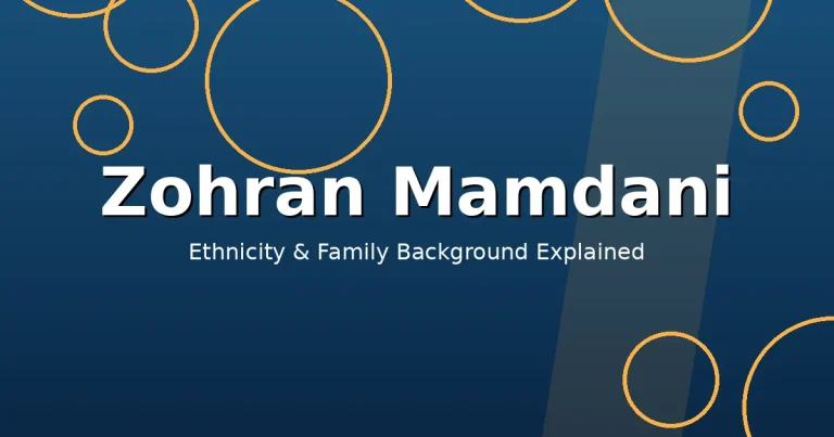 Stylized editorial graphic showing Zohran Mamdani's South Asian heritage and family background